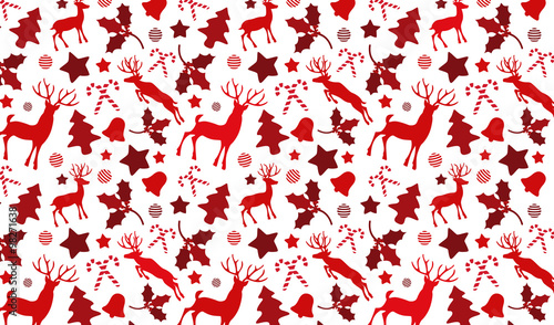 Christmas pattern background with  reindeer and holly, bell, can