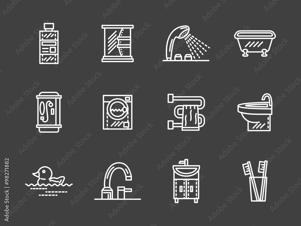 Bath objects white line icons collection