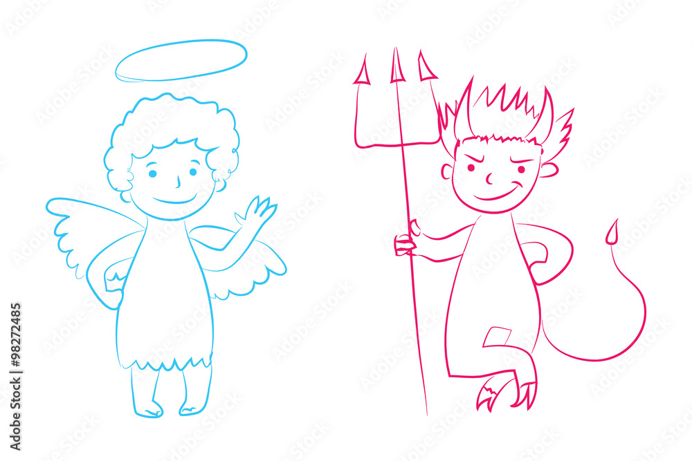 Angel and devil vector illustration - boys cartoon character. Hand drawn  graphic clip art. Childish style drawing. Sketchy funny angel, cute little  devil. Outline. Isolated. Eps 10. Stock Vector | Adobe Stock
