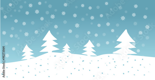 Vector hand drawn illustration of forest with snowfall in blue sky