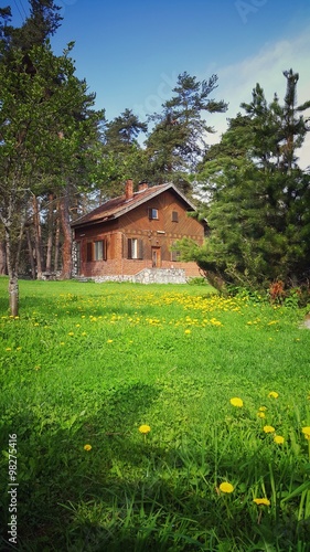 House in the green mountain field