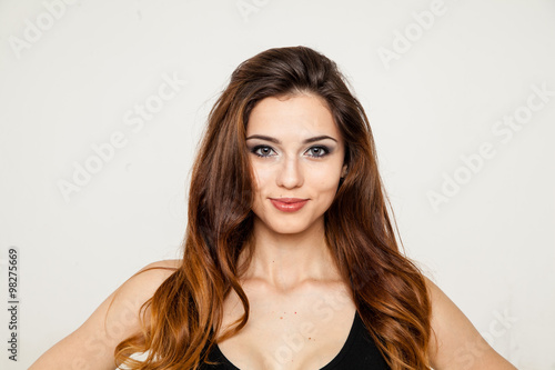 beauty woman portrait girl beautiful cheerful enjoying with long brown hair and clean skin isolated on white background