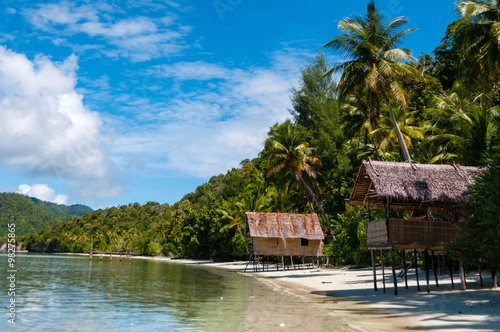 Nipa bamboo Huts at the White Sand beach with palm trees photo