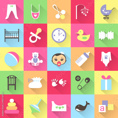 Set of colorful baby items with shadows. Vector illustration