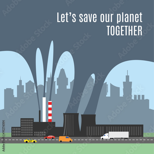 Conceptual vector illustration showing the polluted smoke from factory
