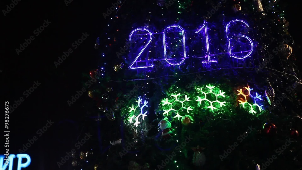 Figures of shone deer with sledge new year tree and 2016 sign Figures of shone deer with sledge new year tree and 2016 sign