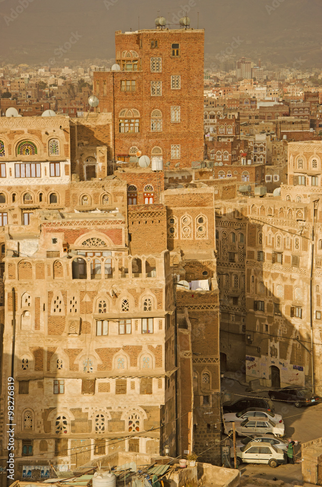 La città vecchia di Sana'a, case decorate, palazzi, minareti, moschee, Yemen