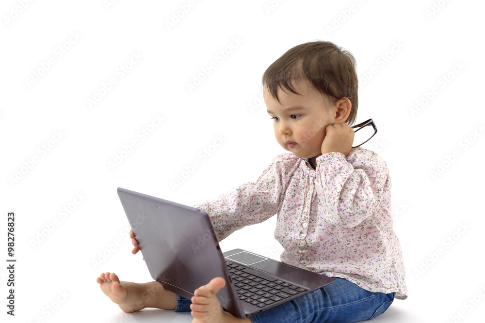 little girl with glasses and digital tablet little girl with glasses and digital tablet