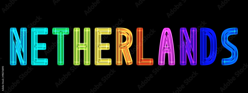 Neon word Netherlands in rainbow colors