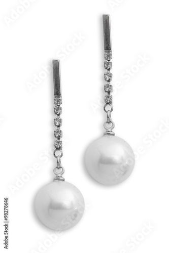 silver earrings with pearls isolated on white