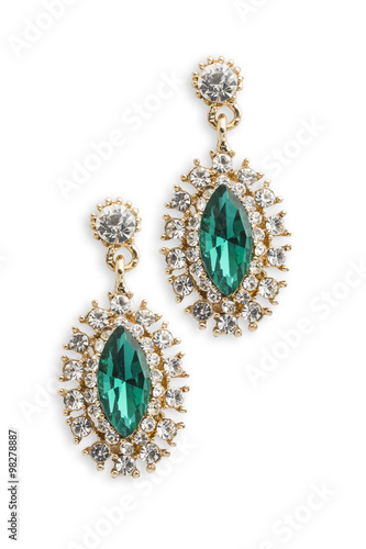 gold earrings with emerald isolated on white