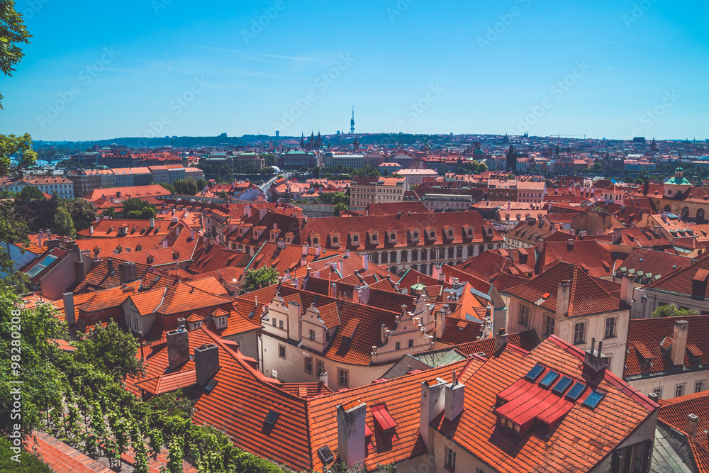 Panoramic view over tile roof tops in Prague, Czech Republic