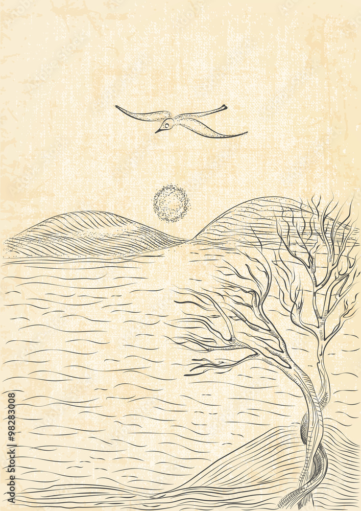 Landscape With Tree On A Hilly Sea Shore And Flying Seagull Monochrome Freehand Ink Drawn Sketch In Art Doodle Style Pen With Canvas Background Stock Vector Adobe Stock