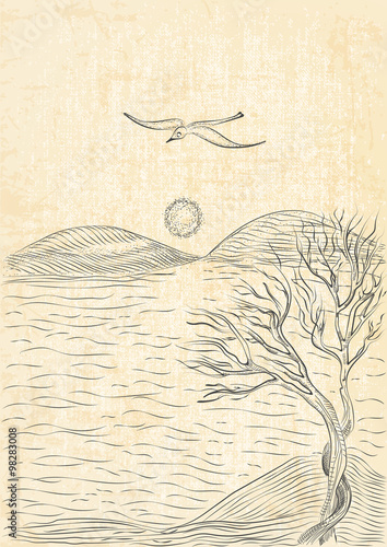landscape with tree on a hilly sea shore and flying seagull. Monochrome freehand ink drawn sketch in art doodle style pen with canvas background.