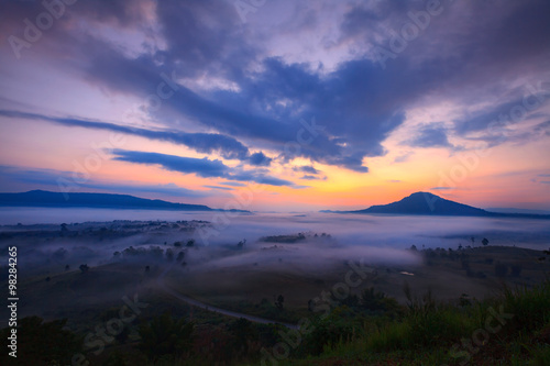 misty morning sunrise and road in mountain at Khao-kho Phetchabu