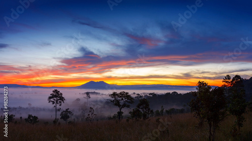 Misty morning sunrise at Thung Salang Luang National Park Phetch