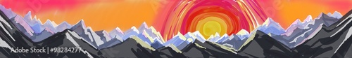 mountain sunrise or sunset, digital abstract art painting of rugged mountain range with huge colorful sun setting or rising, website header or footer