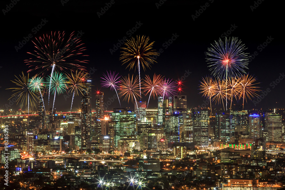 Fireworks over Brisbane City from Mount Coottha. Queensland, Au Stock