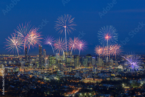 Fireworks over Brisbane City from Mount Coot-tha. Queensland  Au