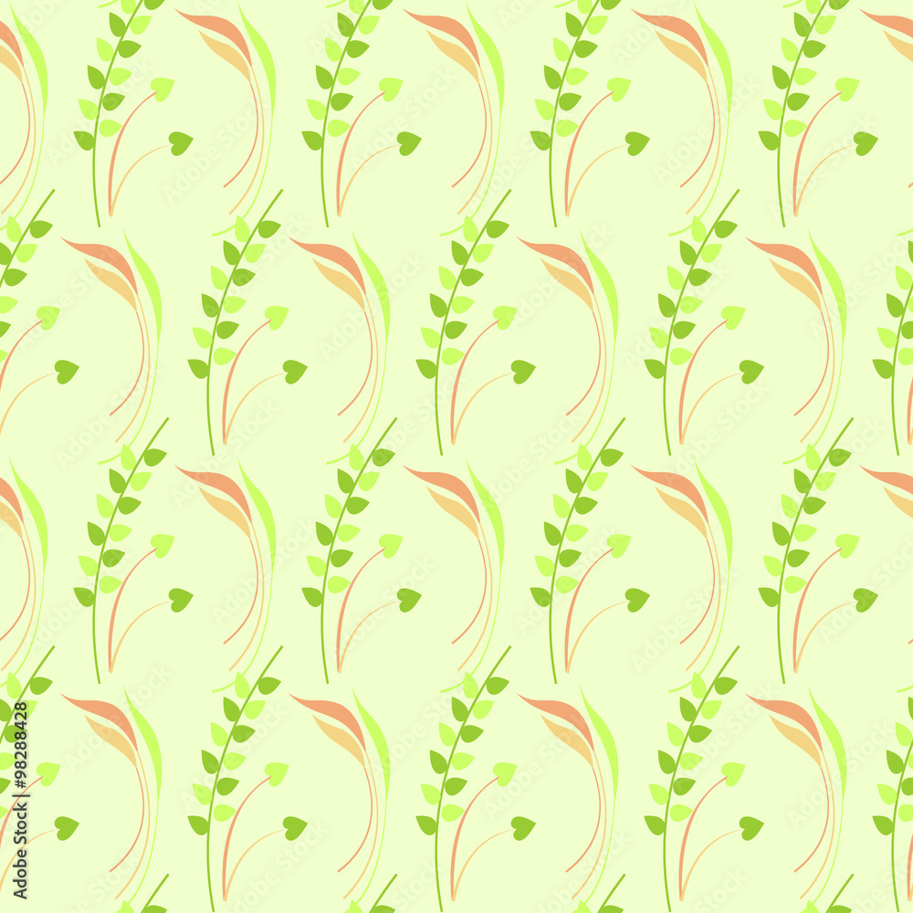 Seamless vector pattern, green floral symmetrical background with leaves and grass Seamless vector pattern, green floral symmetrical background with leaves and grass