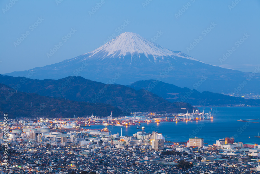 Mountain Fuji and Shimizu city in winter season .