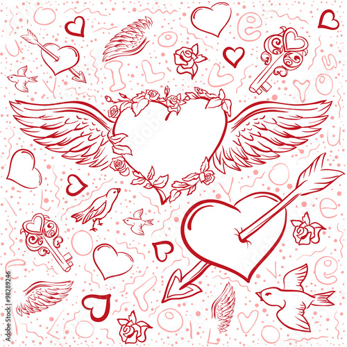 Red heart wings. Heart pierced by an arrow. Seamless background symbol Valentines Day