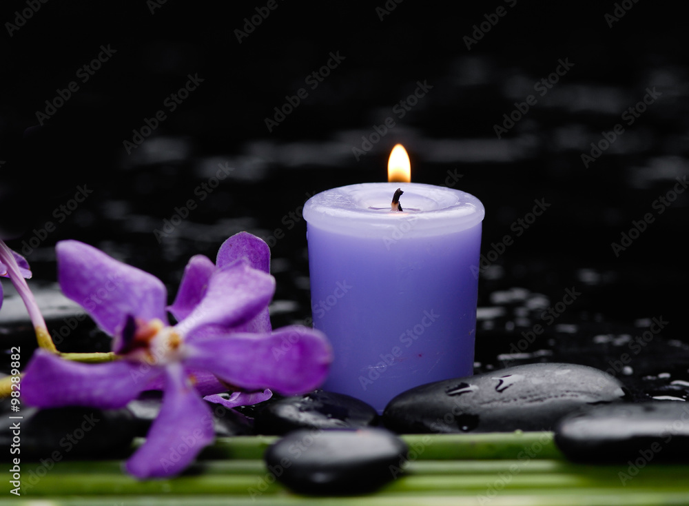 orchid with long leaf and stones, candle on wet background orchid with long leaf and stones, candle on wet background