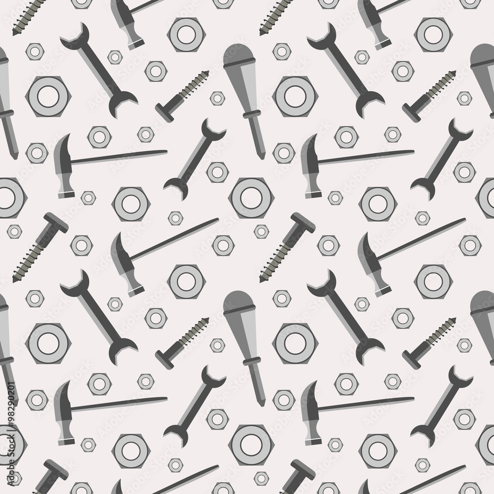 Seamless vector pattern with tools. Chaotic baackground with screws, nuts, hammers, wrenches and screwdrivers on the grey backdrop. Seamless vector pattern with tools. Chaotic baackground with screws, nuts, hammers, wrenches and screwdrivers on the grey backdrop.