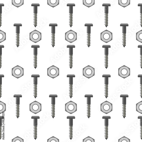 Seamless vector pattern with tools. Symmetrical background with nails and nuts on the white backdrop.
