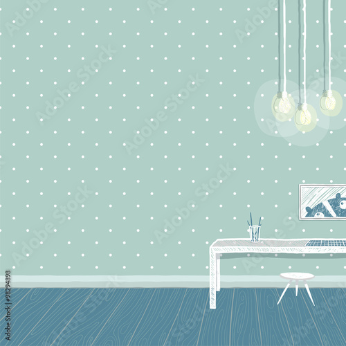 Children boys room in blue background design with empty wall and lights