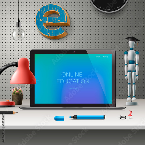 Online education concept, workspace with computer