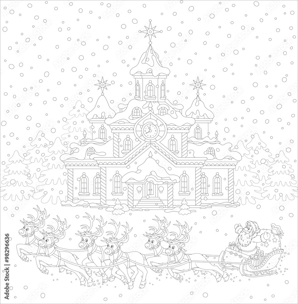 Flying magic reindeers and Santa Claus with a sack of gifts in his sleigh on a snowy Christmas eve, a black and white vector illustration