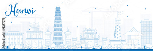 Outline Hanoi skyline with blue Landmarks. Some elements have transparency mode different from normal.