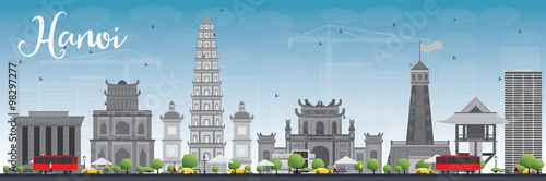 Hanoi skyline with grey Landmarks and blue sky. Some elements have transparency mode different from normal.