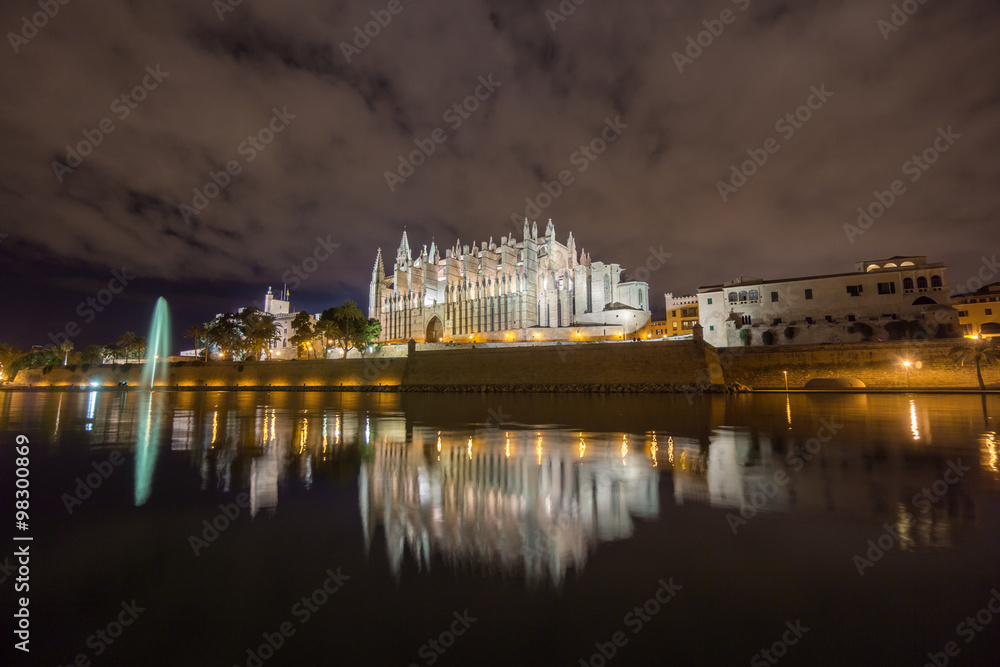 Majorca cathedral in Balearic Islands night scene