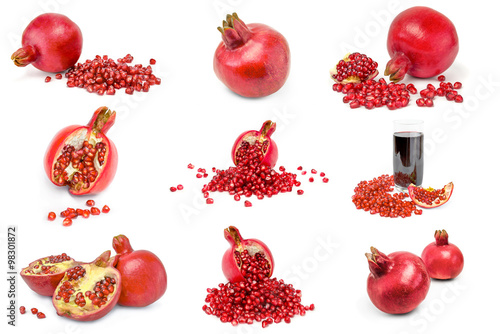Collage of pomegranates isolated on a white cut out.