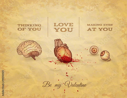 Be My Valentine Card with Anatomy Sketch. Vector illustration, eps10.