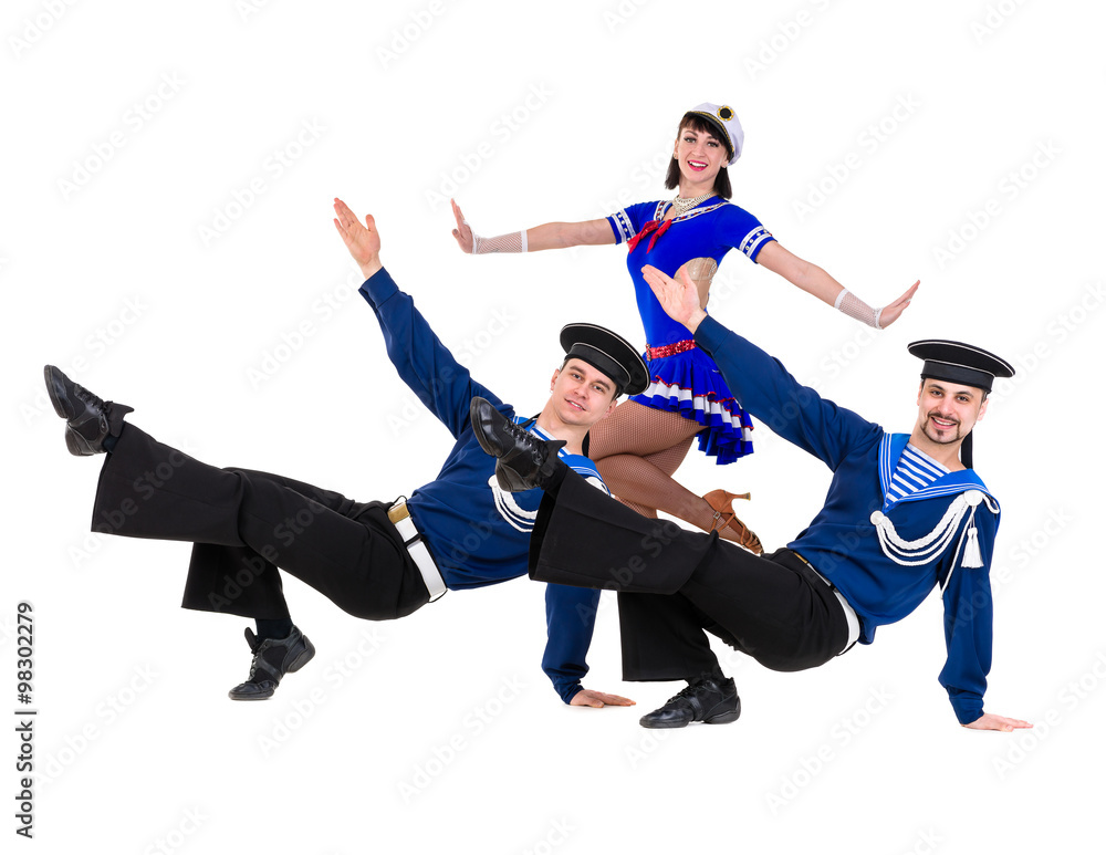 dancer team dressed as a sailors posing on an isolated white background