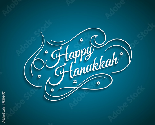 Happy Hanukkah inscription greeting card with hand-drawn typography calligraphy old design.Beautiful lettering white text blue background. Vector illustration EPS 10