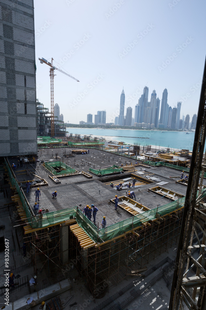 Viceroy Hotel development building site on the Palm, Dubai, with Dubai Marina skyline in the background