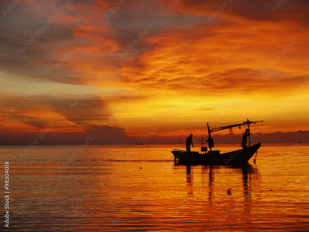 sunrise silhouette people are fishing