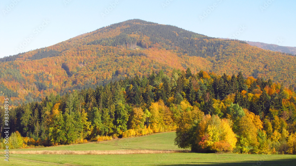 Landscape of Beskydy mountains in beautiful autumn colors