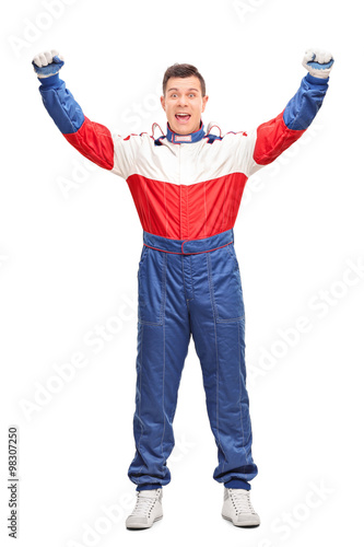Overjoyed car racer gesturing happiness