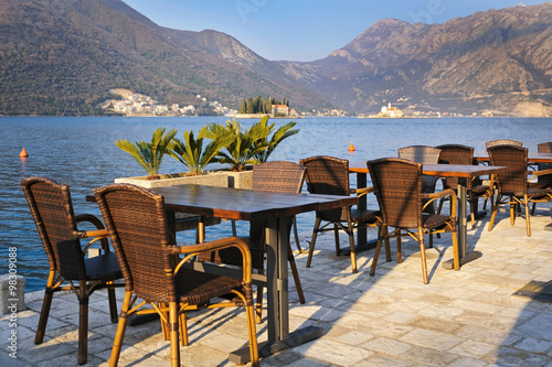  A little cafe in old Perast town with a view on Bay of Kotor, Montenegro © ptashkan