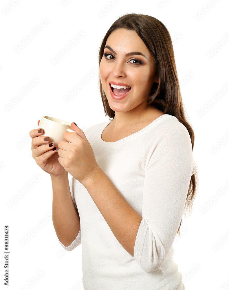 Young pretty woman poses with cup of coffee isolated on white background Young pretty woman poses with cup of coffee isolated on white background