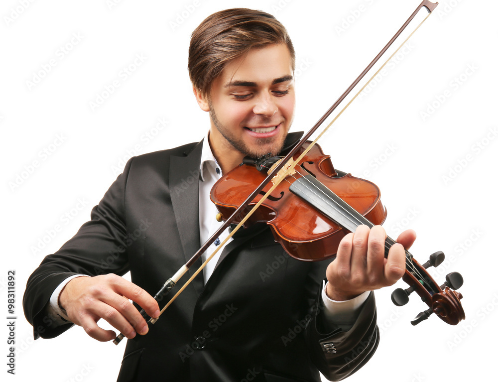 Handsome man plays violin isolated on white background, close up Handsome man plays violin isolated on white background, close up