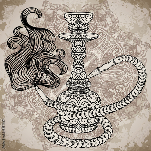 Hookah with oriental ornament and smoke over ornate mandala on aged paper background.Vintage vector hand drawn illustration