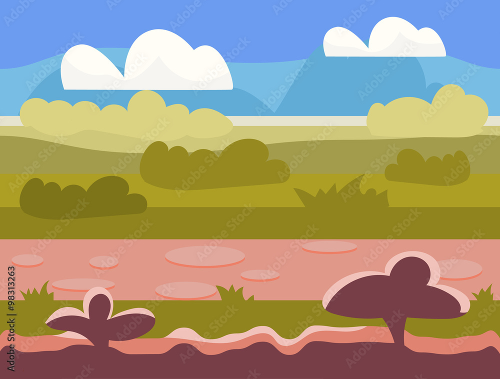 Naklejka premium Seamless cartoon nature landscape, unending background with soil, trees, mountains and cloudy sky layers vector