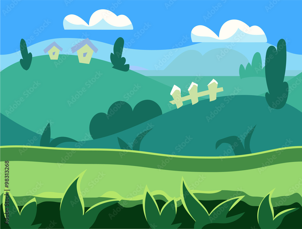 Obraz premium Seamless cartoon nature landscape, unending background with soil, trees, mountains and cloudy sky layers vector