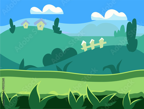 Seamless cartoon nature landscape, unending background with soil, trees, mountains and cloudy sky layers vector